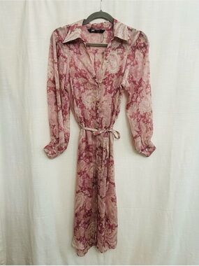 Zara NWOT Rose-Pink Paisley Midi Sheer Shirt Dress with Waist Tie
